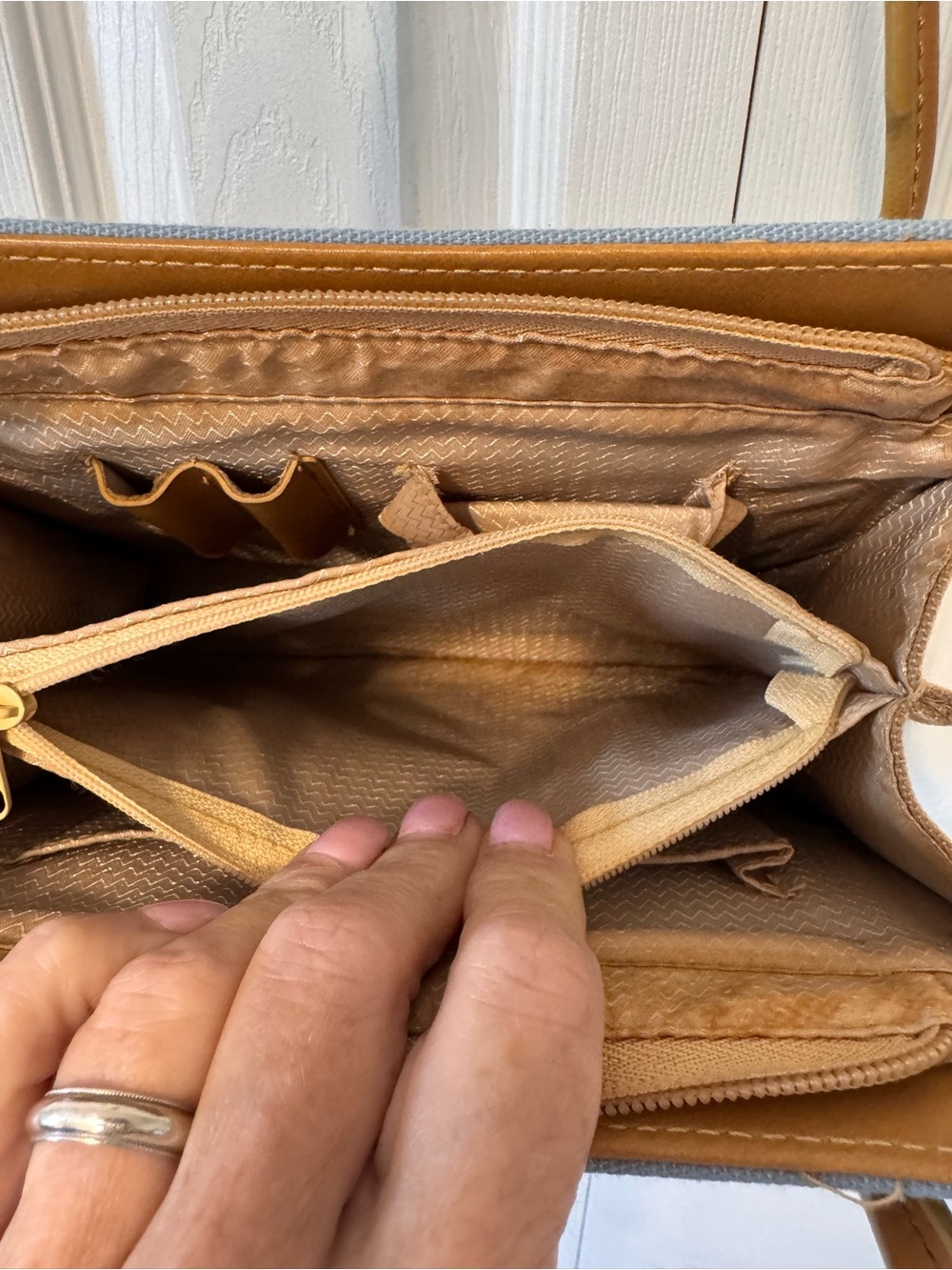 Striped Small Canvas Shoulder Bag Blue Tan Rust Minor Wear Faux Leather Strap - Picture 14 of 16